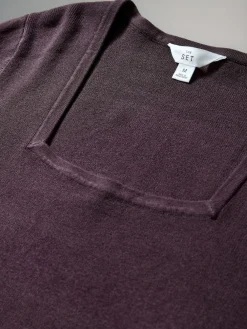 The Set 2 Pack Knitted Square Neck Dress Burgundy Plum/Navy Blue Tipped Best