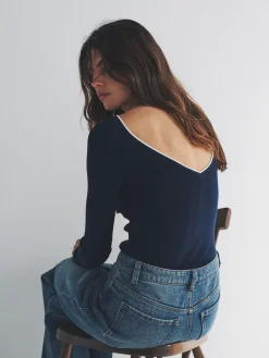 The Set 2 Pack Knitted Tipped Scoop Back Tops Ecru/Navy Blue