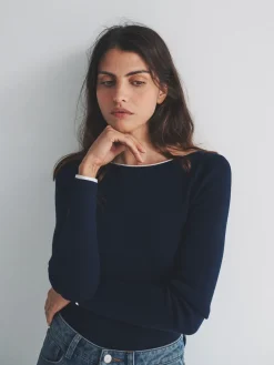 The Set 2 Pack Knitted Tipped Scoop Back Tops Ecru/Navy Blue