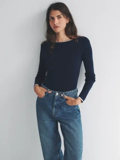 The Set 2 Pack Knitted Tipped Scoop Back Tops Ecru/Navy Blue