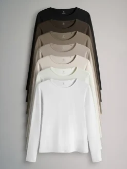 The Set 7 Pack Long Sleeve Crew Neck T-Shirts Chocolate Brown/ Taupe Brown/ Light Brown/ Neutral