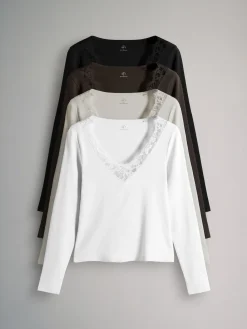 The Set 4 Pack Long Sleeve V-Neck Ribbed Lace Trim T-Shirt Black/Chocolate Brown/Taupe Brown/Cream Discount