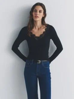 The Set 4 Pack Long Sleeve V-Neck Ribbed Lace Trim T-Shirt Black/Chocolate Brown/Taupe Brown/Cream Discount