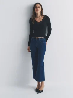 The Set 4 Pack Long Sleeve V-Neck Ribbed Lace Trim T-Shirt Black/Chocolate Brown/Taupe Brown/Cream Discount