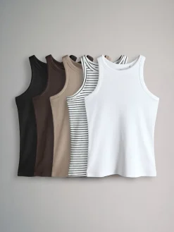 The Set 5 Pack Racer Ribbed Vests Black/Chocolate Brown/Taupe Brown/Stipe/White Best