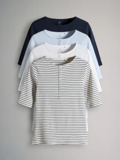 The Set 4 Pack Ribbed Half Sleeve Henley T Shirt Navy/Light Blue/White/Stripe Outlet