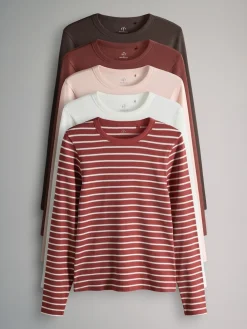 The Set 5 Pack Ribbed Long Sleeve T-Shirts Brown/Pink/White/Stripe