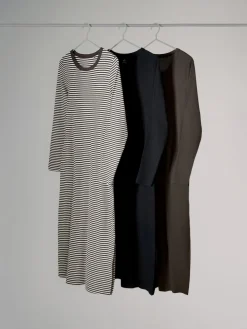The Set 3 Pack Ribbed Long Sleeve Midi Dresses Navy/Khaki/Stripe Best