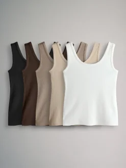 The Set 5 Pack Ribbed Scoop Neck Vests White/Black/Brown/Taupe Brown/Neutral Online