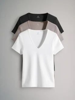 The Set 3 Pack Ribbed V-Neck Short Sleeved T-Shirts Black/White/Taupe Brown