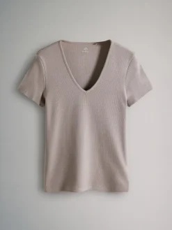 The Set 3 Pack Ribbed V-Neck Short Sleeved T-Shirts Black/White/Taupe Brown