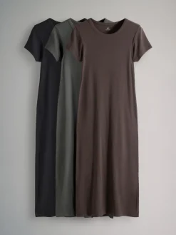 The Set 3 Pack Short Sleeve Ribbed Midi Dresses Black/Chocolate/Charcoal Sale