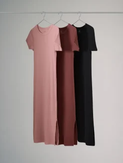 The Set 3 Pack Short Sleeve Ribbed Midi Dresses Black/Mauve Pink/Light Pink Clearance