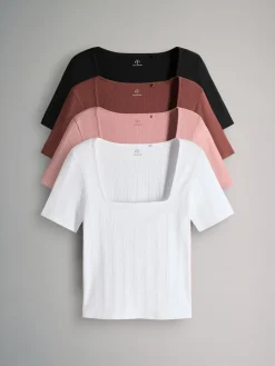 The Set 4 Pack Textured Ribbed Square Neck Half Sleeve T-Shirts Black/Pink/White Sale