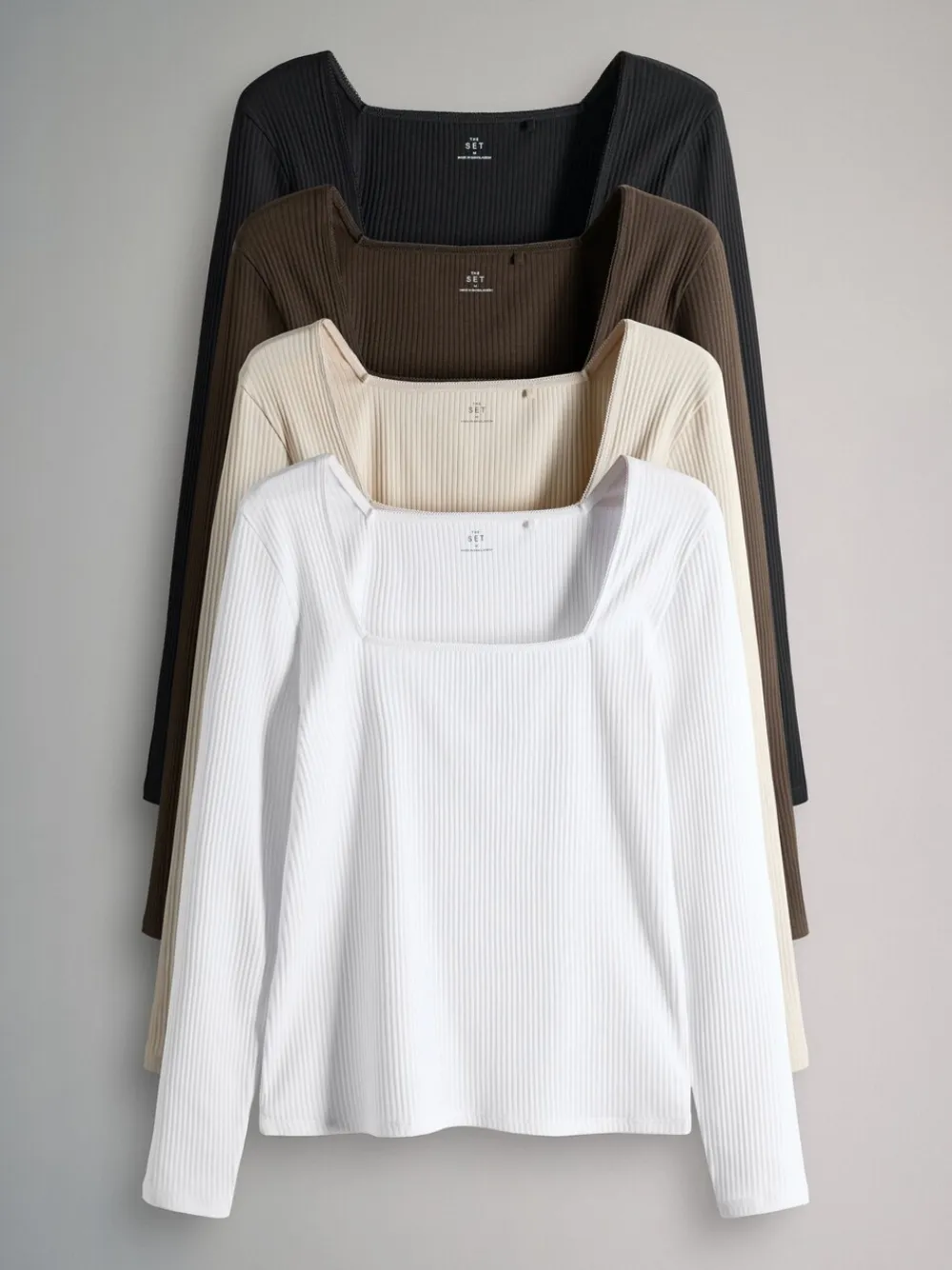 The Set 4 Pack Trim Square Neck Ribbed Tops Black/Chocolate Brown/Cream/White