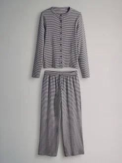 The Set Stripe 2 Pack Button Through Long Sleeve Top and Drawstring Trousers Co-Ord Set Online