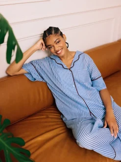 Their Nibs Blue Skinny Stripe Cotton Voile Oversized Long Pyjamas Set Sale