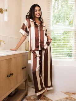 Their Nibs Brown Stripe Satin Oversized Long Pyjamas Set