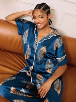 Their Nibs Navy Blue Gold Peacock Satin Oversized Long Pyjamas Set Online