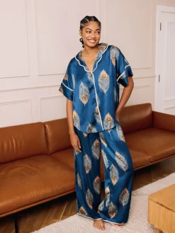 Their Nibs Navy Blue Gold Peacock Satin Oversized Long Pyjamas Set Online