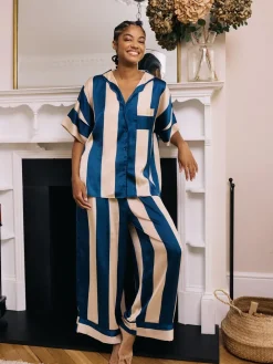 Their Nibs Navy Blue Stripe Satin Oversized Long Pyjamas Set Best