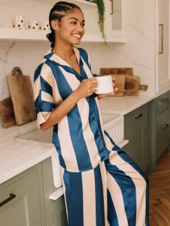 Their Nibs Navy Blue Stripe Satin Oversized Long Pyjamas Set Best