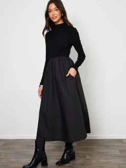 Threadbare High Neck 2 In 1 Jersey Poplin Mix Mini Dress Black