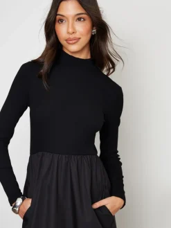Threadbare High Neck 2 In 1 Jersey Poplin Mix Mini Dress Black