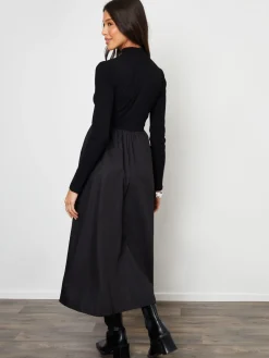 Threadbare High Neck 2 In 1 Jersey Poplin Mix Mini Dress Black