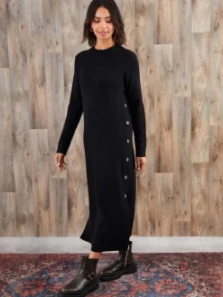 Threadbare Knitted Side Button Detail Maxi Dress Black Clearance