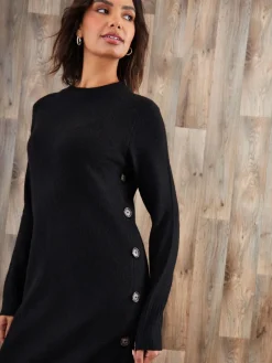 Threadbare Knitted Side Button Detail Maxi Dress Black Clearance