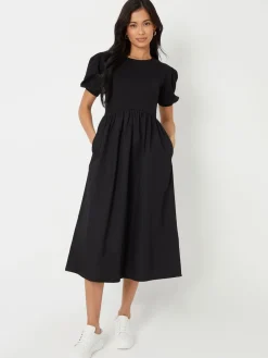 Threadbare Black Puff Sleeve Jersey Poplin Mix Maxi Dress