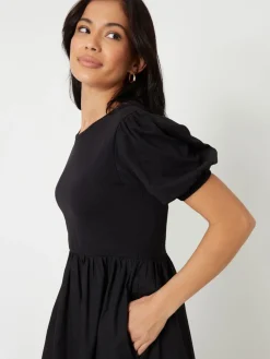 Threadbare Black Puff Sleeve Jersey Poplin Mix Maxi Dress