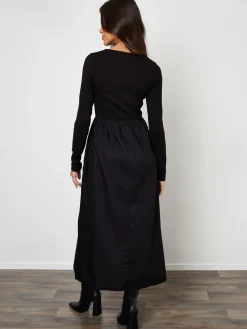 Threadbare Black Rib Jersey 2-In-1 Midi Dress with Poplin Skirt New