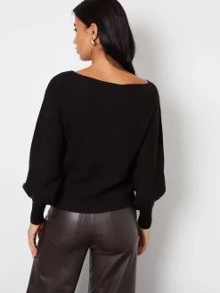 Threadbare Slash Neck Chunky Knit Jumper Black Clearance