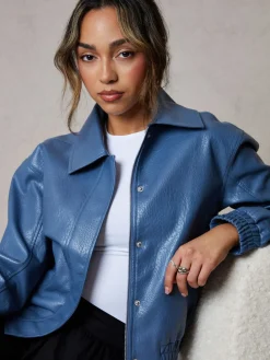 Threadbare Faux Leather Bomber Jacket with Collar Blue New