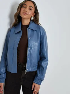 Threadbare Faux Leather Bomber Jacket with Collar Blue New