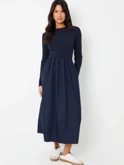 Threadbare Blue Rib Jersey 2-In-1 Midi Dress with Poplin Skirt Sale