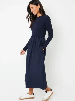 Threadbare Blue Rib Jersey 2-In-1 Midi Dress with Poplin Skirt Sale
