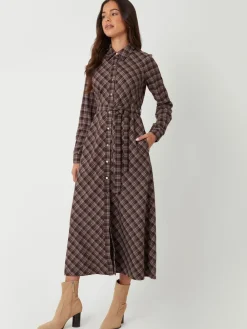 Threadbare Brown Check Belted Midi Shirt Dress Discount
