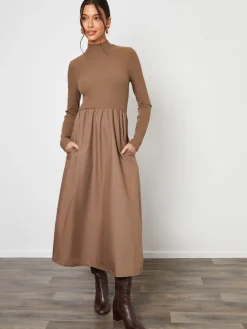 Threadbare High Neck 2 In 1 Jersey Poplin Mix Mini Dress Brown Sale