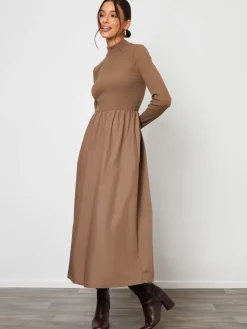 Threadbare High Neck 2 In 1 Jersey Poplin Mix Mini Dress Brown Sale