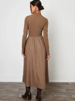 Threadbare High Neck 2 In 1 Jersey Poplin Mix Mini Dress Brown Sale