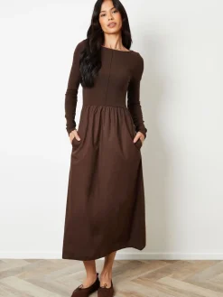 Threadbare 2-in-1 Jersey Poplin Mix Slash Neck Long Sleeve Dress Brown Online