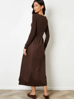 Threadbare 2-in-1 Jersey Poplin Mix Slash Neck Long Sleeve Dress Brown Online