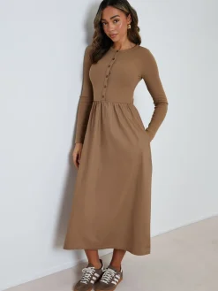 Threadbare 2-in-1 Jersey Poplin Mix Button Down Dress Brown Sale