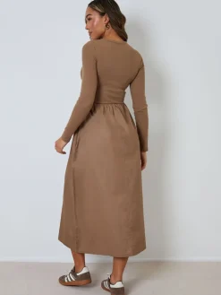 Threadbare 2-in-1 Jersey Poplin Mix Button Down Dress Brown Sale