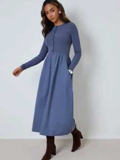 Threadbare 2-in-1 Jersey Poplin Mix Button Down Dress Light Blue Best