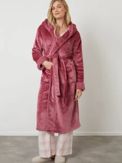 Threadbare Cosy Faux Fur Trim Dressing Gown Pink