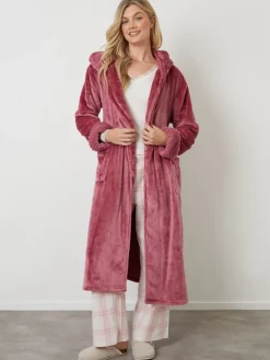Threadbare Cosy Faux Fur Trim Dressing Gown Pink